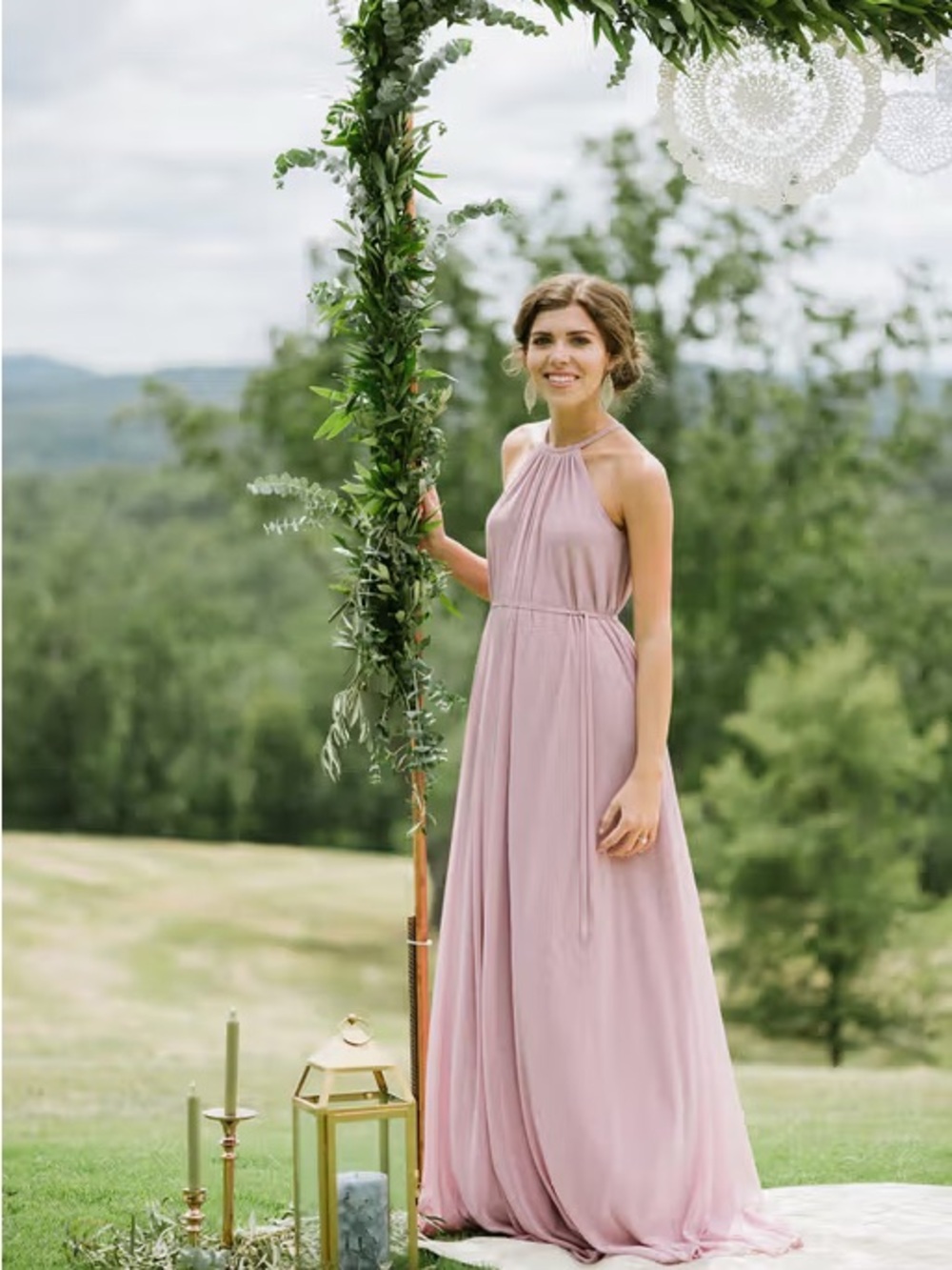 David’s Bridal Soft Mesh Halter Bridesmaid Dress in Dusty Rose
